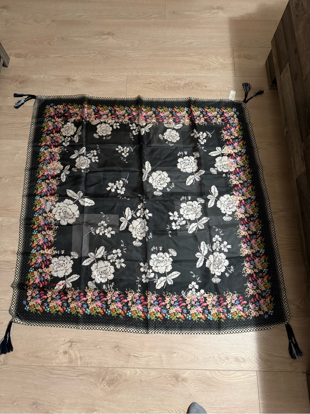 Johnny Was Square Silk Scarf Floral Design with Tassels